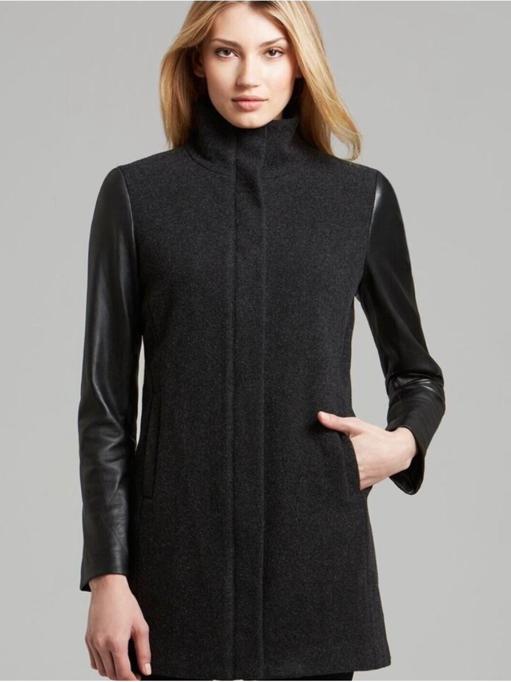 Eileen Fisher High Collar Full Zip Wool Coat Leather Sleeves Black/Gray Medium